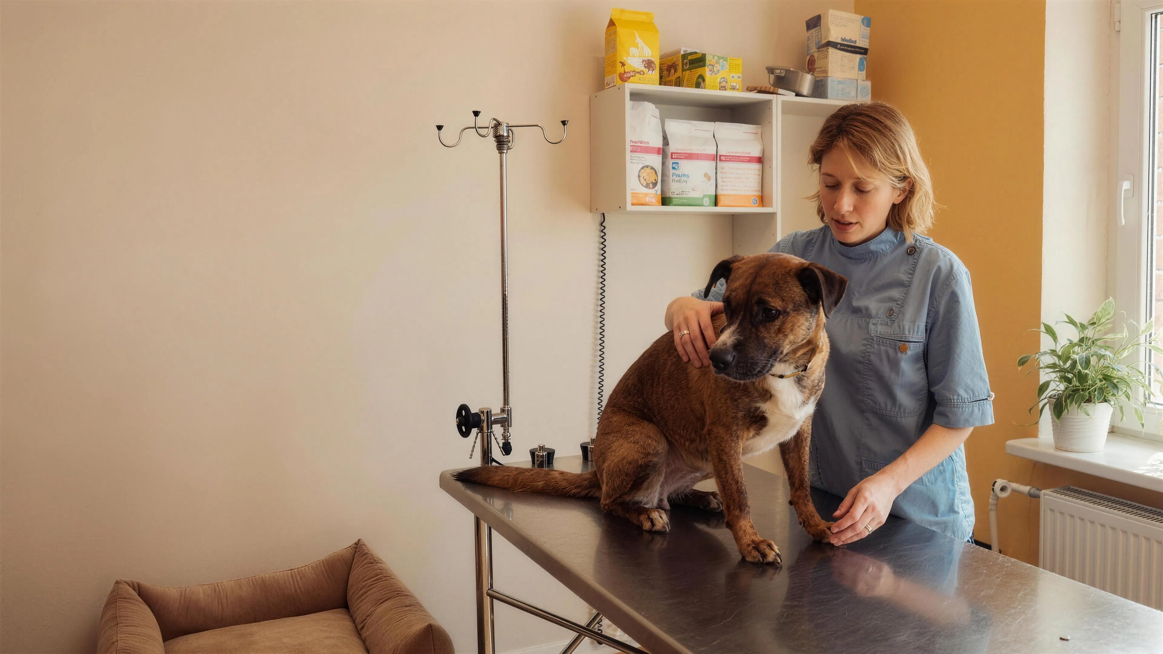 Dierenarts onderzoekt een hond op de behandeltafel