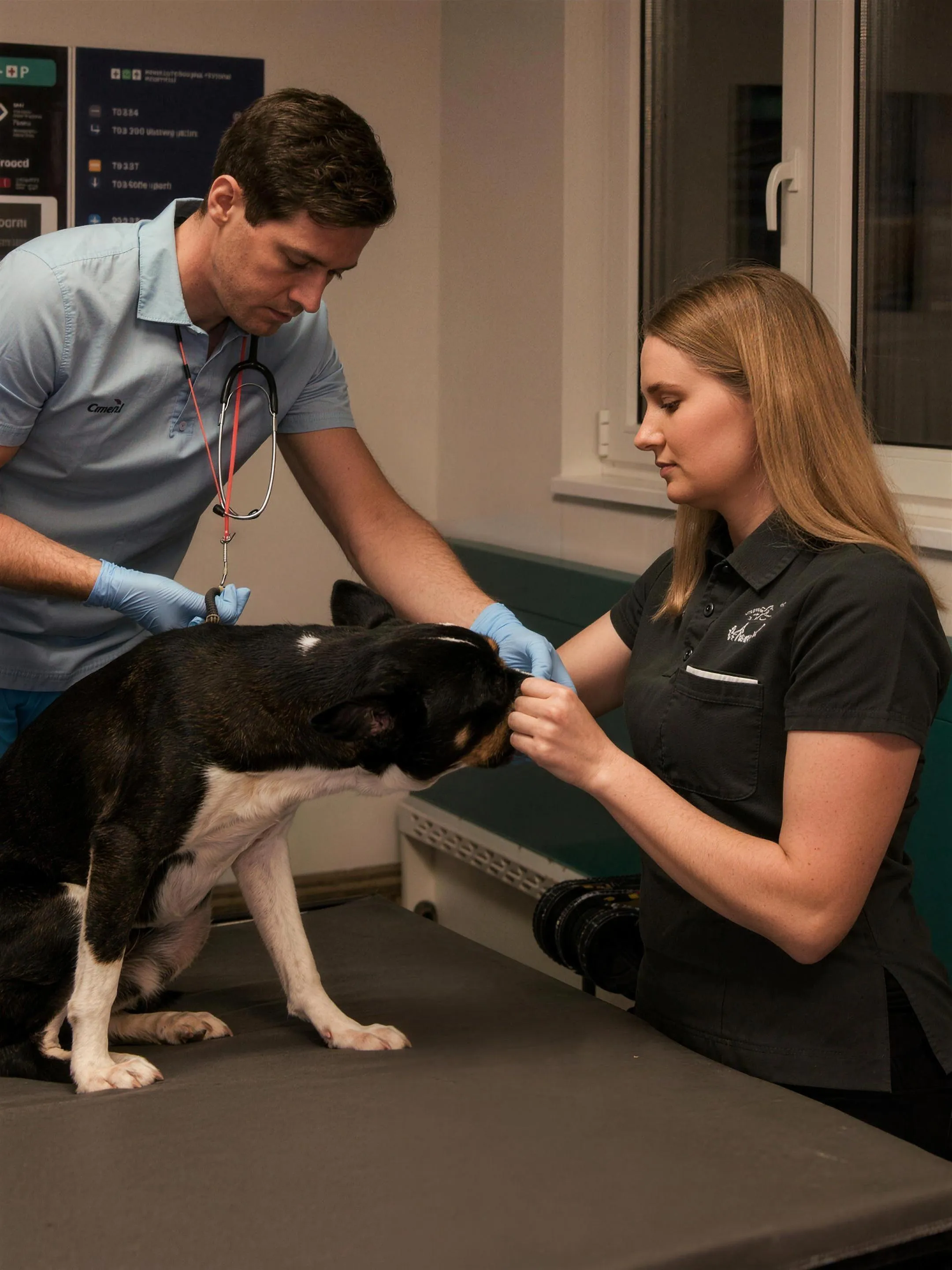 Dierenarts en assistent behandelen 's avonds een hond