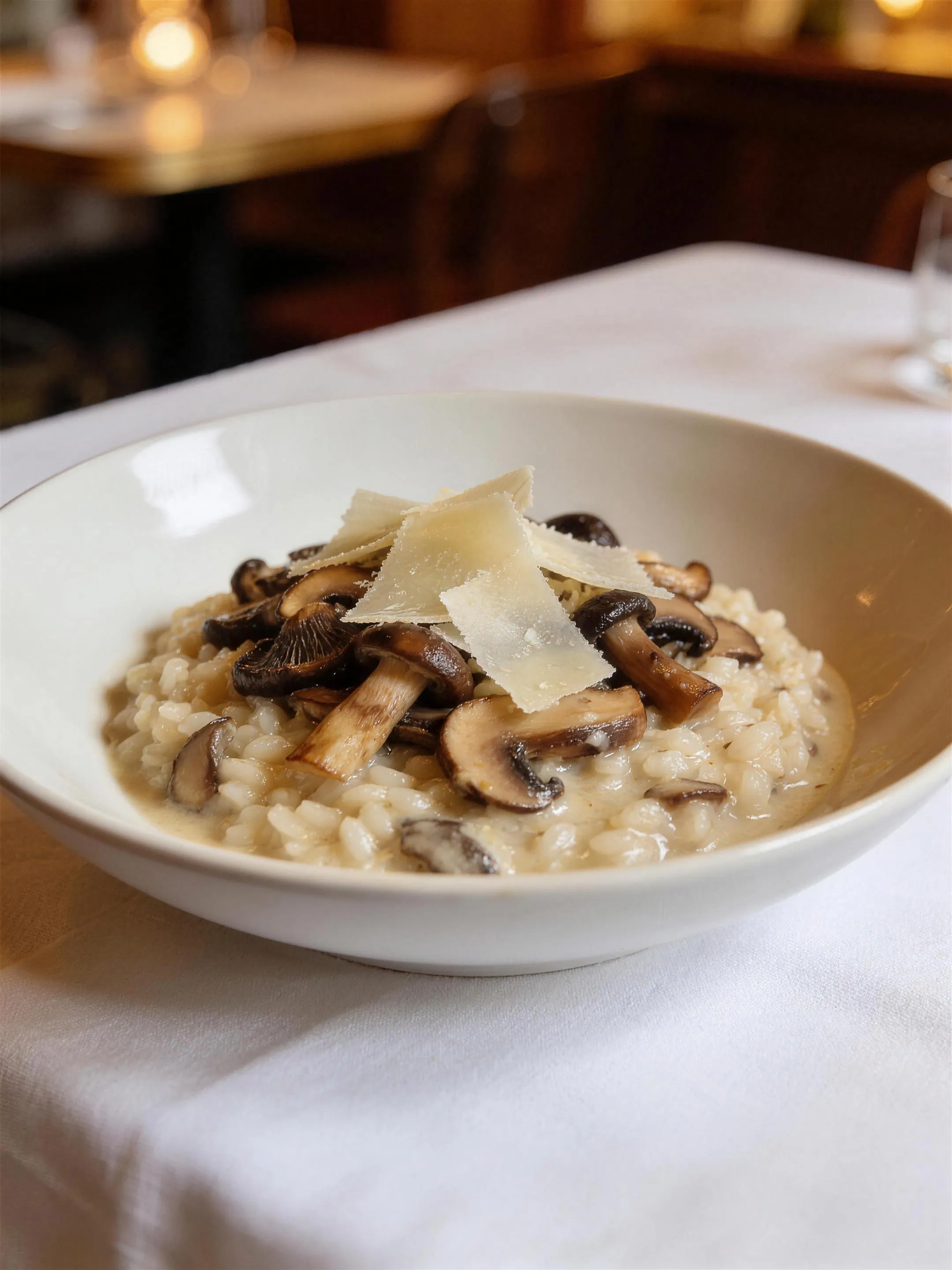 Risotto met paddenstoelen — Bord risotto met gemengde paddenstoelen en Parmezaanse kaas, close-up, warm restaurantlicht.