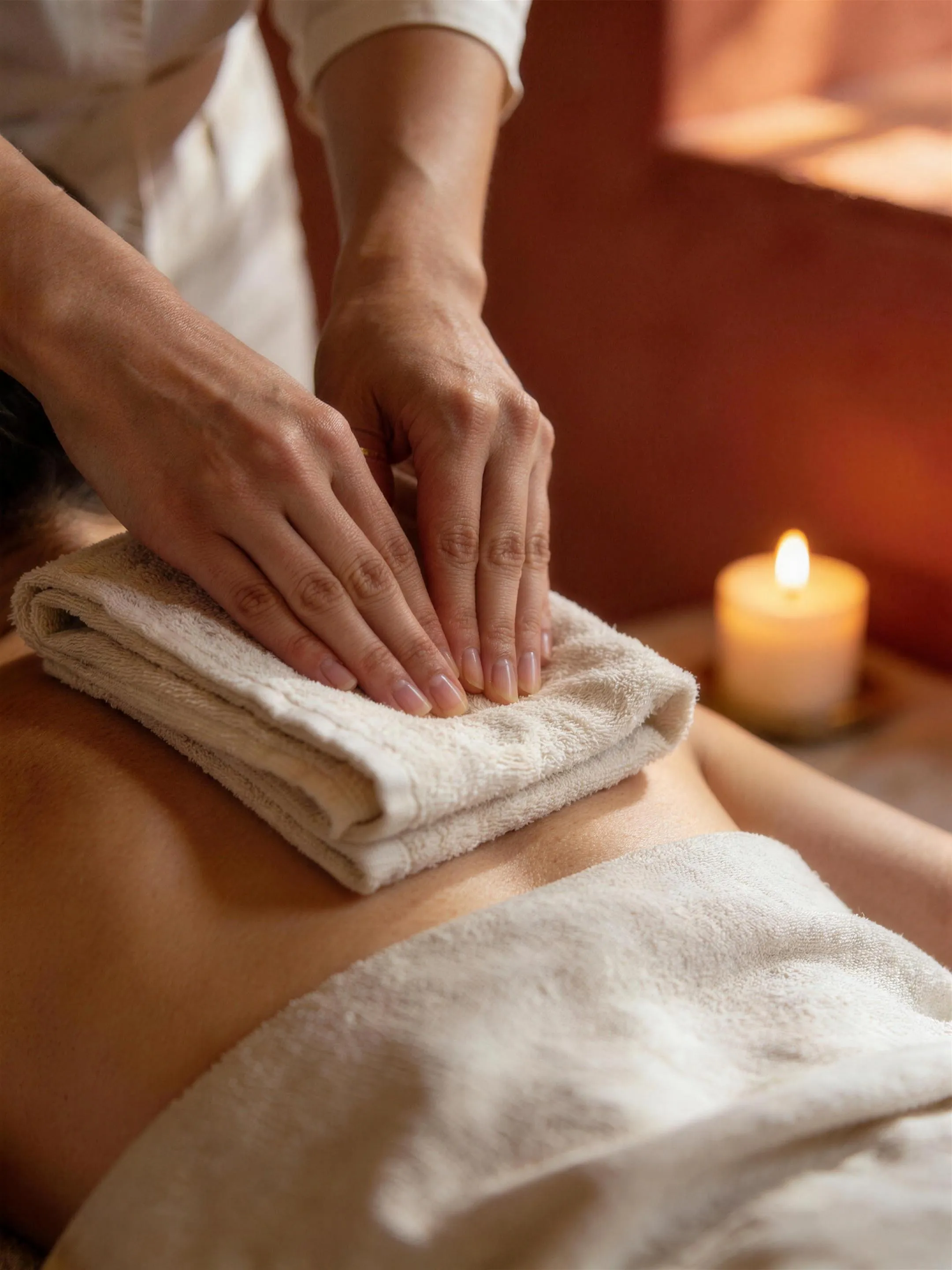 Ontspanningsmassage — Close-up van een schoudermassage op een behandeltafel, handdoeken en een kaars op de achtergrond, rustgevende sfeer.